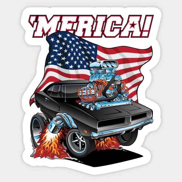 Merica Patriotic Classic Hot Rod Muscle Car USA Flag Cartoon Sticker by hobrath